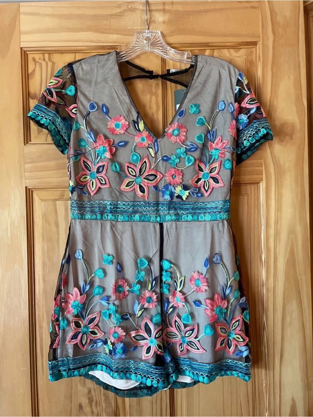 Floral Embroidered V-Neck Romper in Gray with Teal & Pink